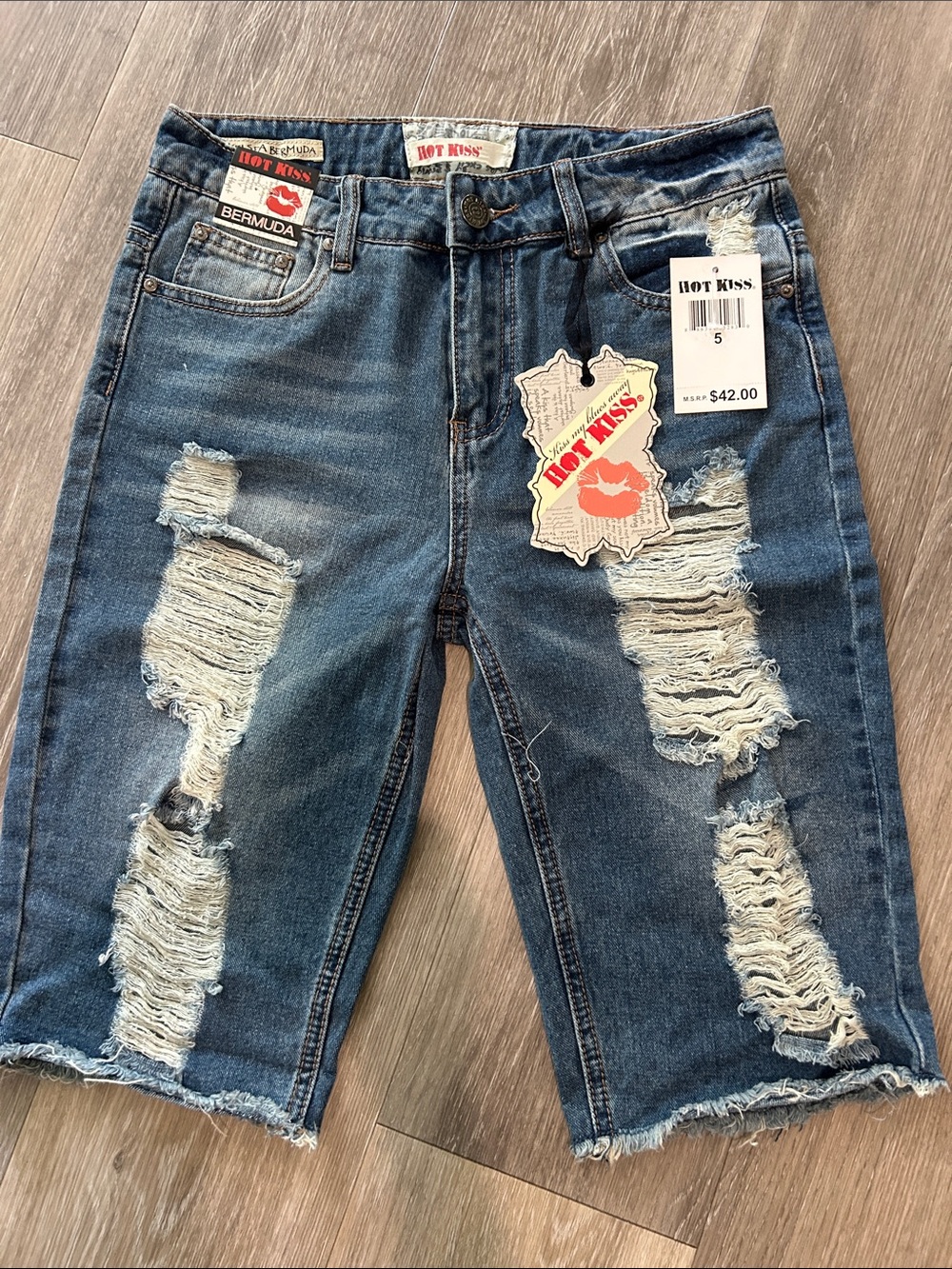 Hot Kiss Women’s  Distressed Denim Bermuda Shorts - Dark Blue